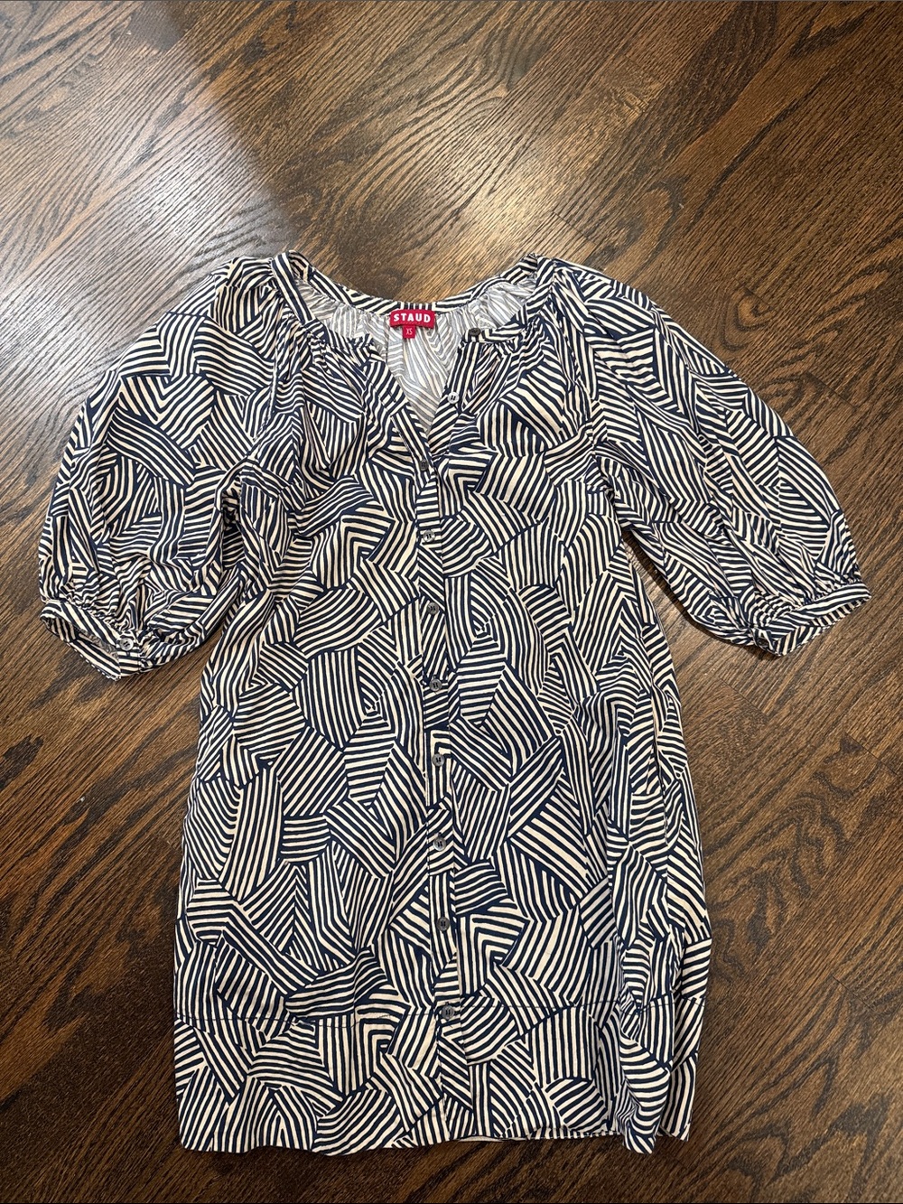 STAUD Navy and White Geometric Stripe Tunic Dress